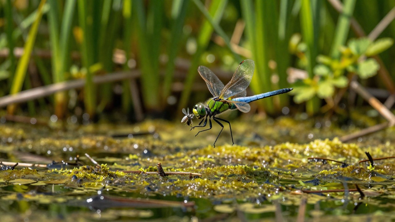 Libélula en pleno vuelo capturando un insecto sobre un ecosistema de pantano y vegetación ribereña.