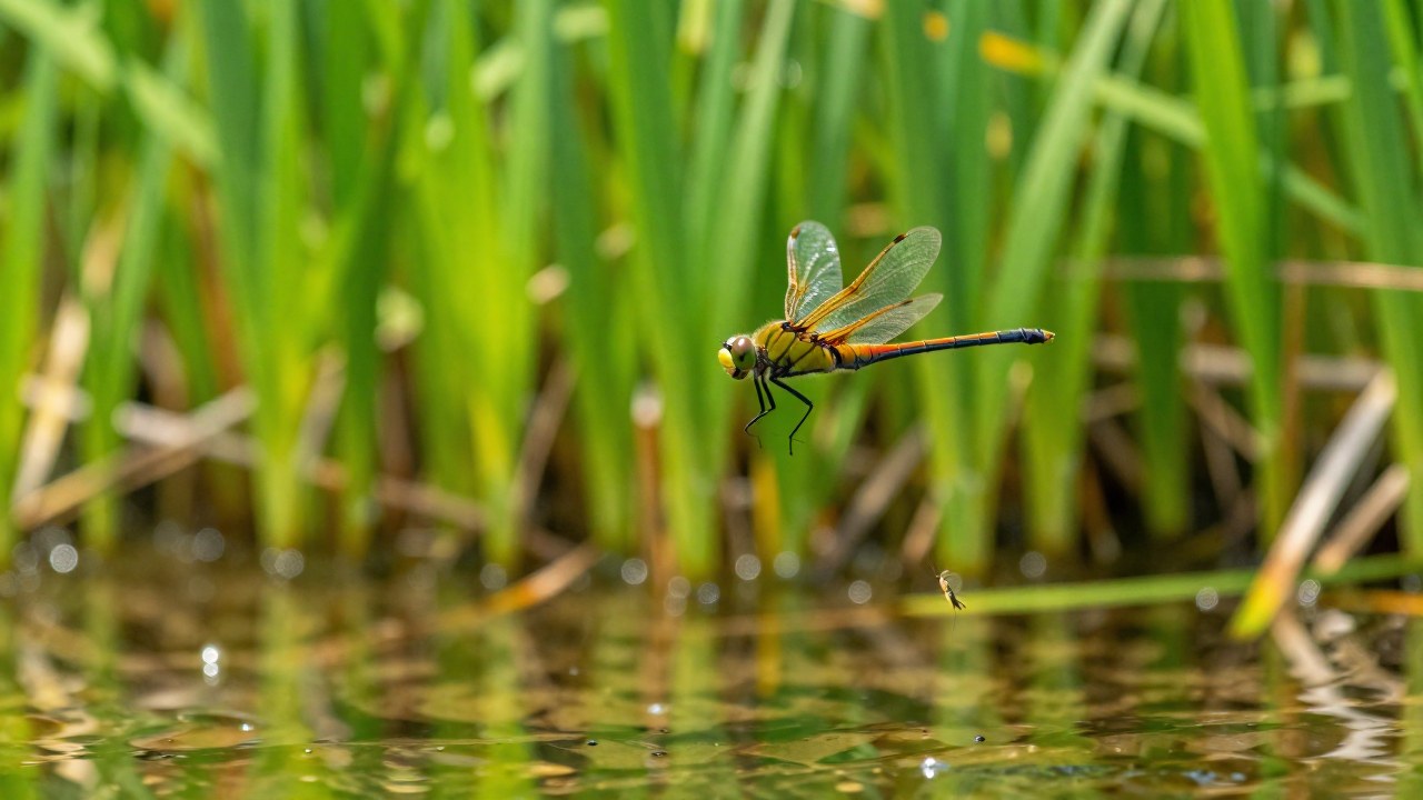 Caballito del diablo en vuelo sobre un humedal ribereño, cazando un insecto cerca del agua.