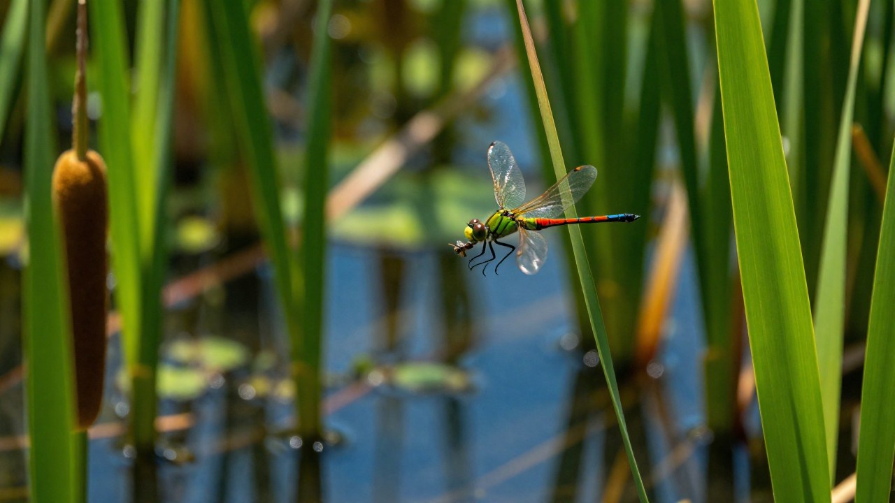 Libélula vibrante cazando insectos pequeños en un entorno de humedal, destacando su rol depredador.