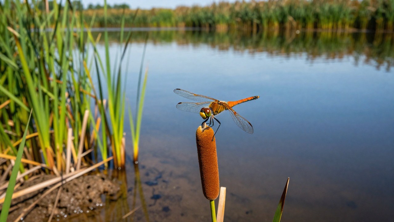Libélula posada en un tallo de totora junto al borde de un tranquilo reservorio de humedal.